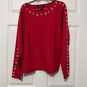 Carolyn Taylor Red Long Sleeve Top with Floral Embellishments